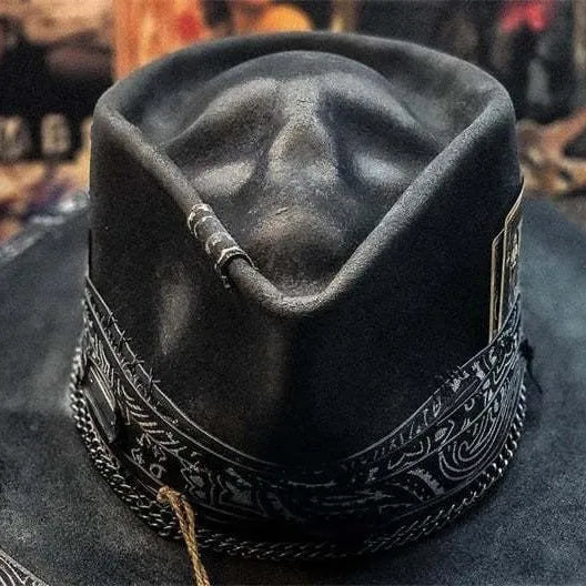 Handmade wool felt skull hat with conical crown design in denim-style finish