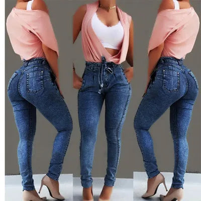 Women's fringed jeans with distressed hem in grey, dark blue, and light blue colours, showing five-pocket design and loose fit