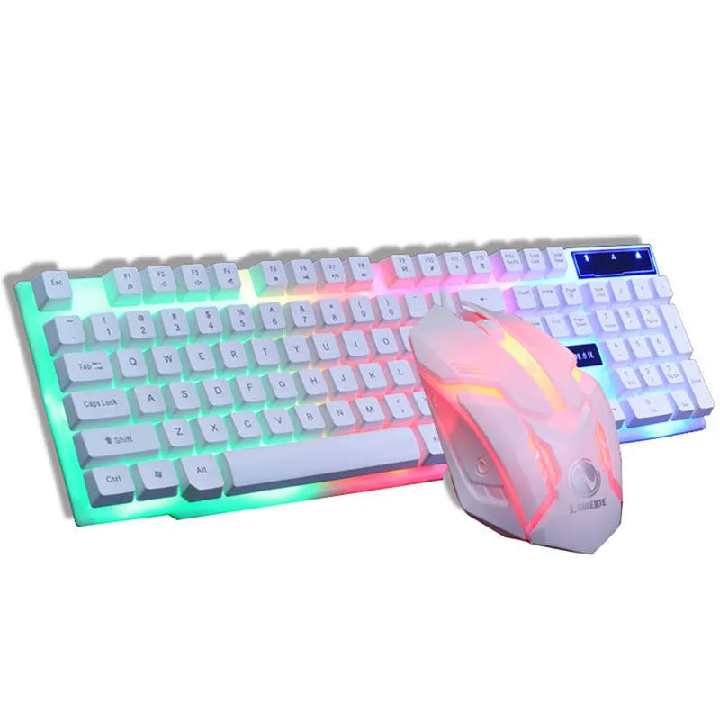 GTX300 black and white wired gaming keyboard and mouse set with backlit keys on a desk