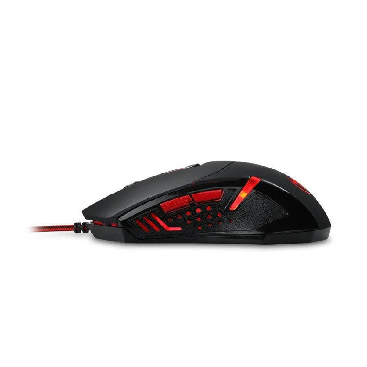 Black and red USB wired gaming mouse with ergonomic shape on a mouse mat.
