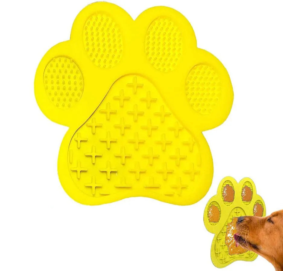 Square blue silicone dog licking mat with bone texture and suction cups on back.