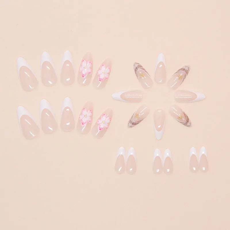 French style fake nails with rock pattern patch and simple floral design in W1764 colour