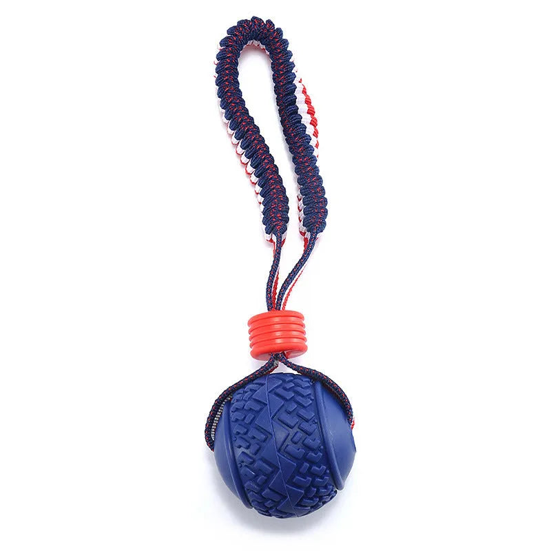 Blue or red natural rubber dog ball with rope toy for small and medium dogs featuring textured surface for teeth cleaning
