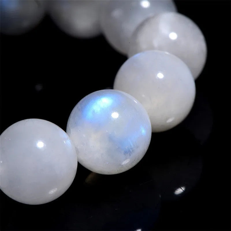 Natural blue moonlight round bead moonstone bracelet with polished finish and geometric bead shape