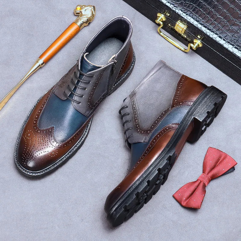 Men's curry blue leather brogue ankle boots with round toe and front lacing on a white background.