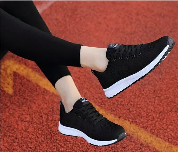 Women's breathable mesh sports shoes in black, pink or rose red with flat heel and MD sole, sizes EU 35-39