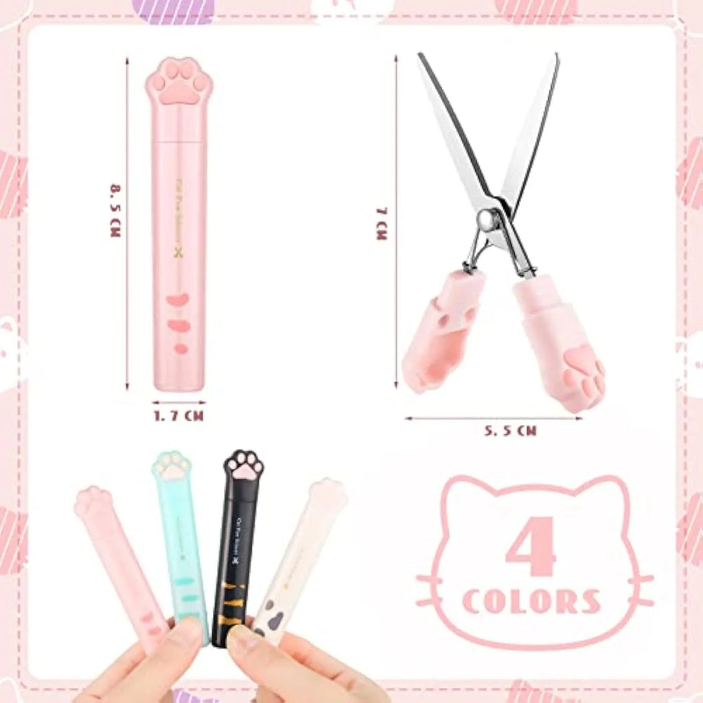 Closed and open views of cute cat paw design mini folding scissors in various colours.