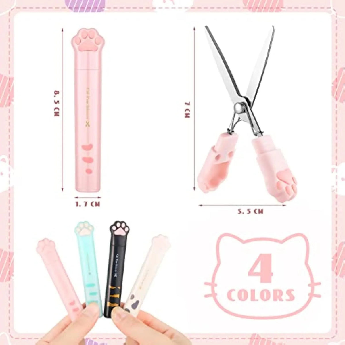 Closed and open views of cute cat paw design mini folding scissors in various colours.