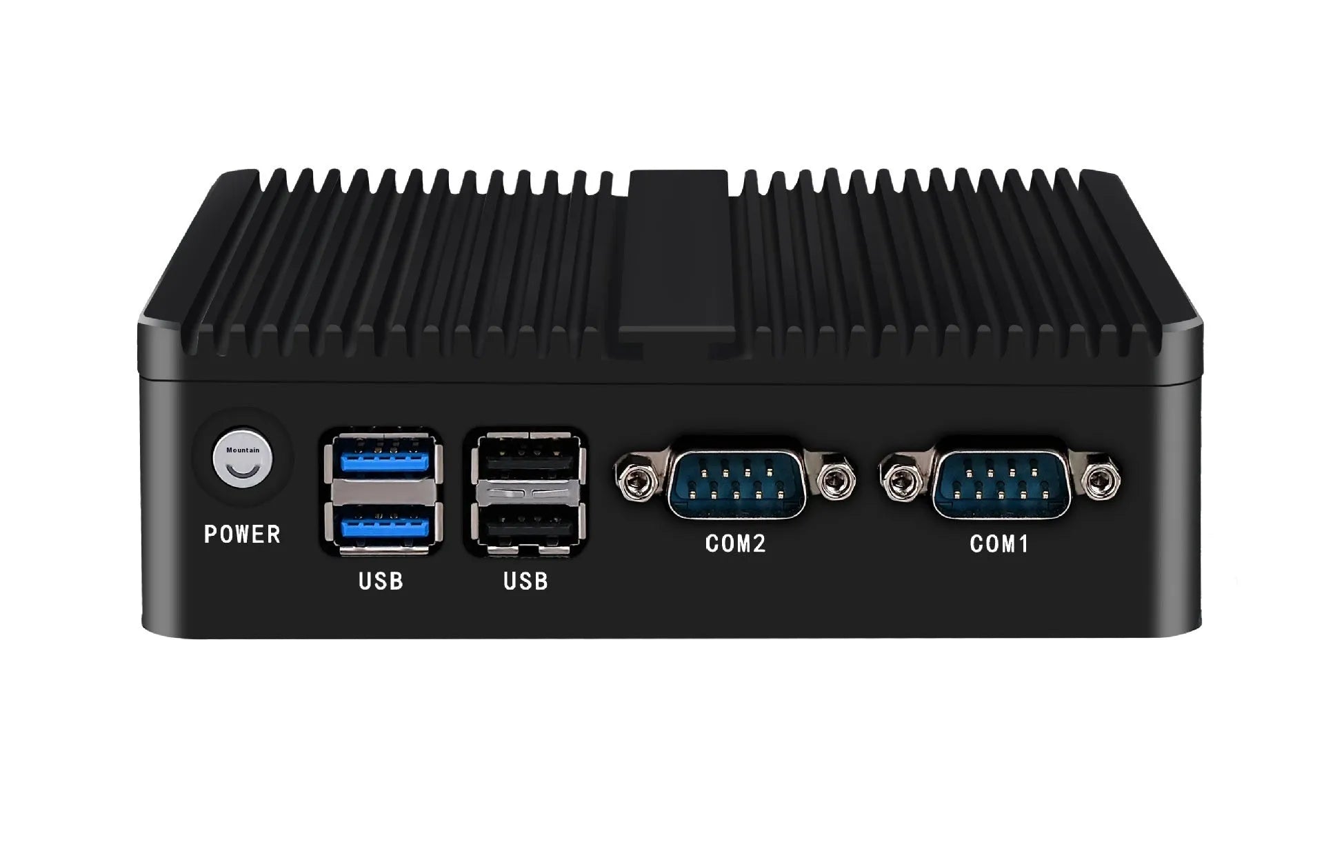 Industrial fanless mini PC microcomputer measuring 13.6 by 12.7 by 4 centimetres with dual network ports