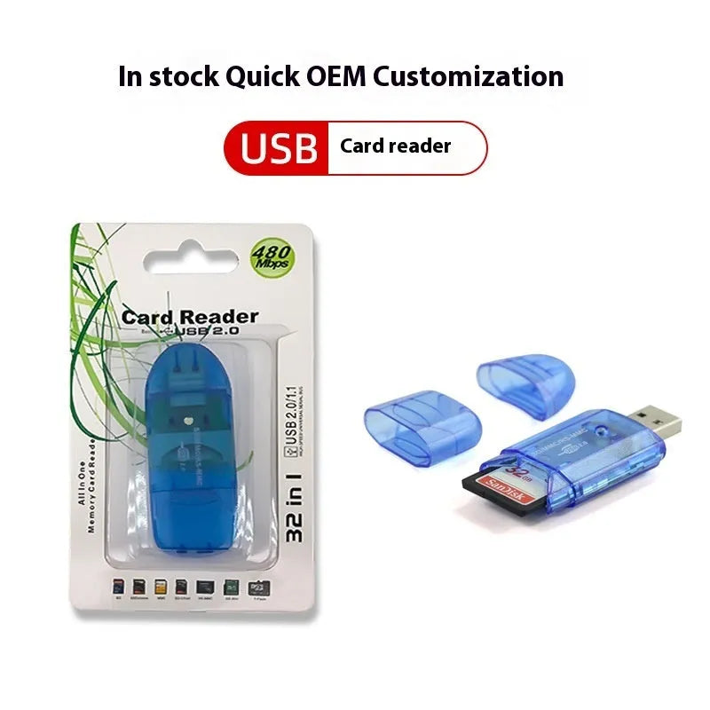 Transparent plastic USB card reader with LED light option on a desk