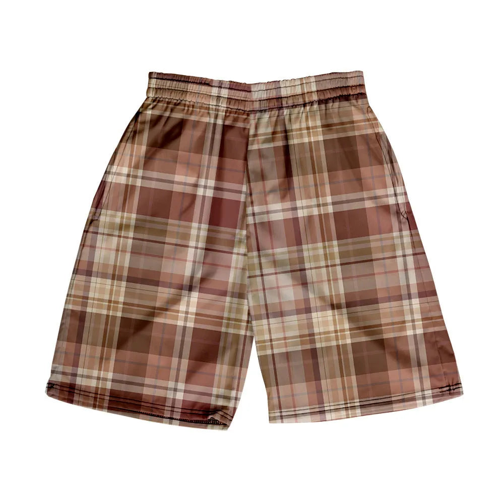 Men's plaid shorts with elastic waistband in straight leg cut for casual summer wear