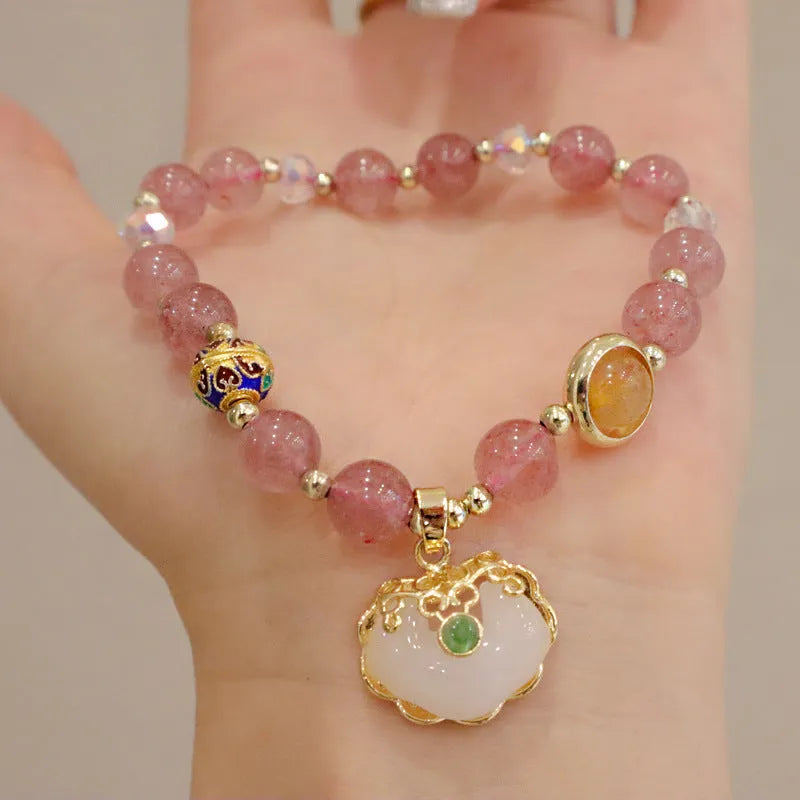 Gray jade and strawberry quartz women's bracelet with geometric metal decorations ethnic style