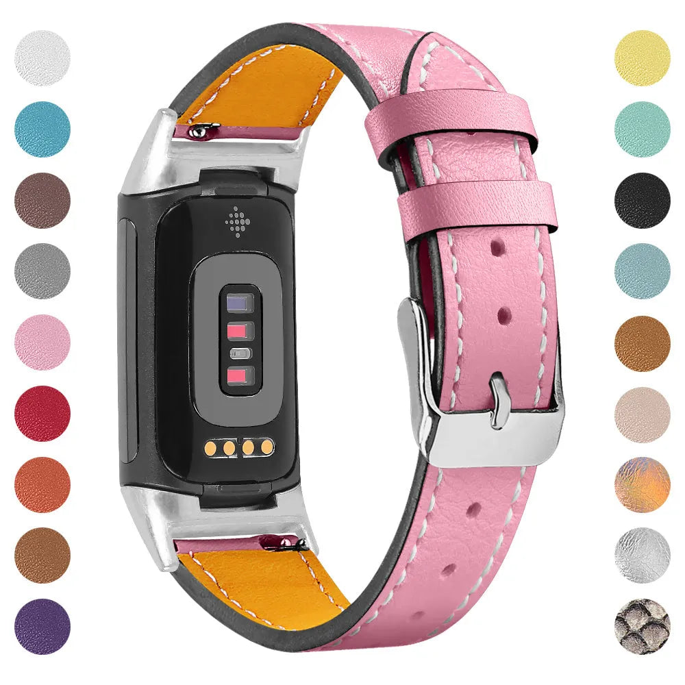 Genuine cowhide leather replacement strap with buckle clasp for Fitbit Charge 5 and Charge 6 smartwatches.