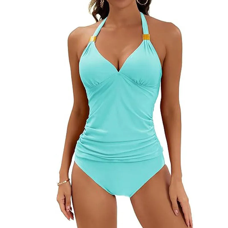 Women's halter neck two-piece swimsuit in solid colour with adjustable tie fastenings.