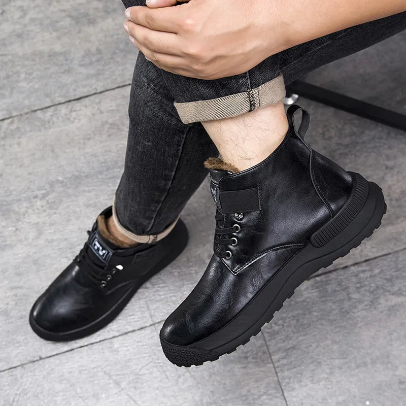 Black Martin platform boots with velvet-style artificial PU upper and rubber sole