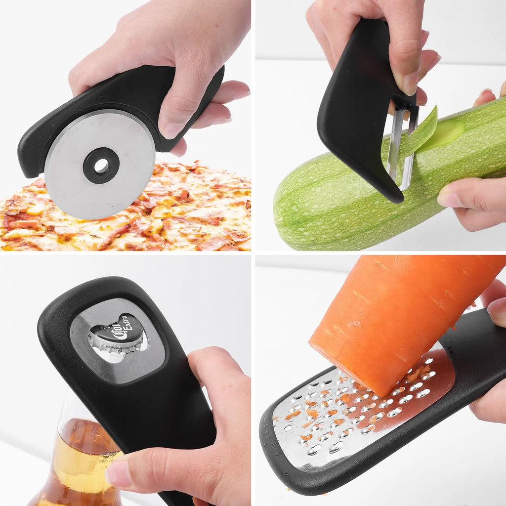 Six stackable kitchen gadgets including peelers, a brush, and tongs in a colour box.