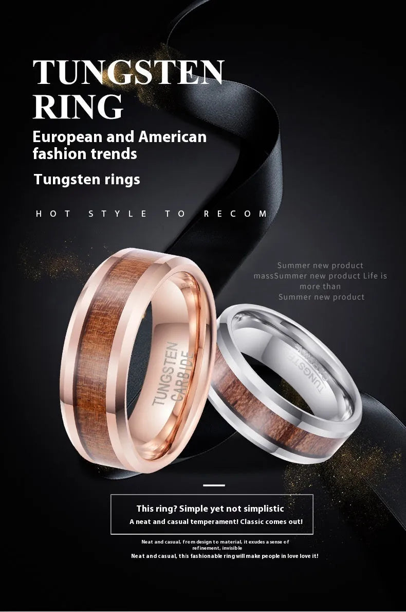 Men's tungsten ring with 8mm wide U-shaped band in wood leather Ugyen finish.