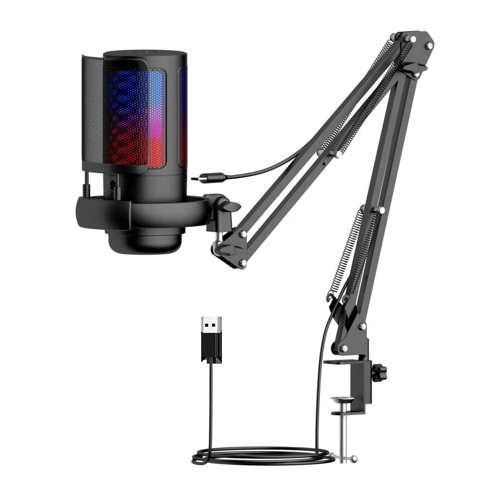 USB condenser microphone with colourful LED lighting effects on a cantilever stand