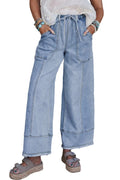 Beau Blue wide-leg women's jeans with a drawstring waistband and raw hem detail.