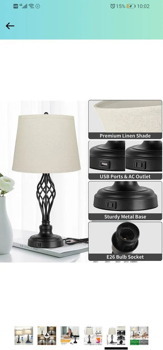 European-style USB table lamp with touch sensor for cold and warm dimmable light on alloy base