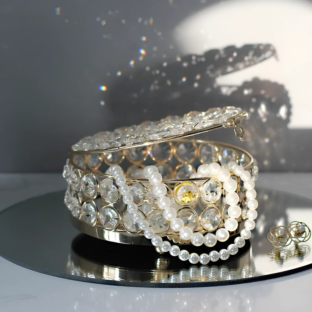 French gold metal jewelry box with crystal glass panels in European style design