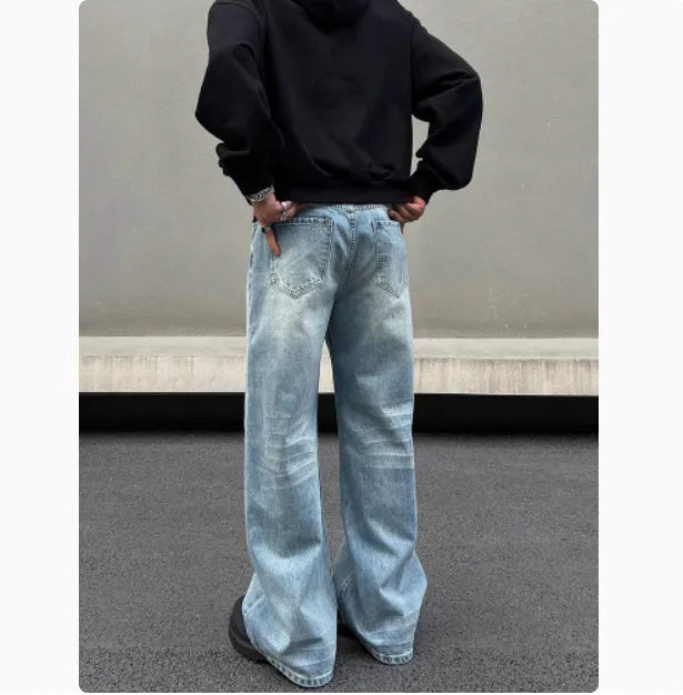 Men's blue retro straight jeans with whisker washing and a medium-high waist