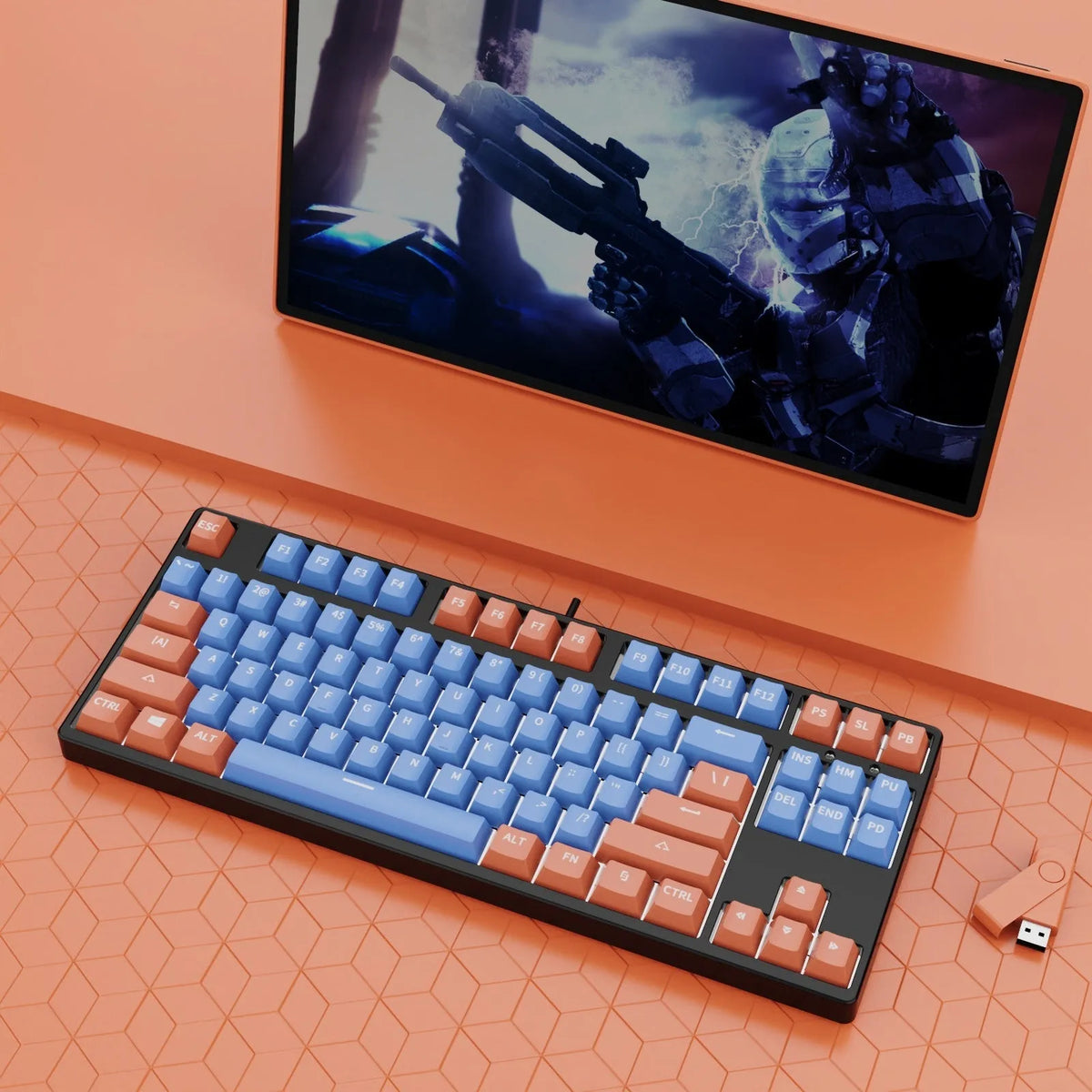 87-key mechanical keyboard with colourful keys on black or white metal chassis