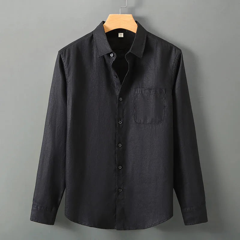 Long sleeve linen cardigan-style shirt in a solid colour, shown with a loose fit.
