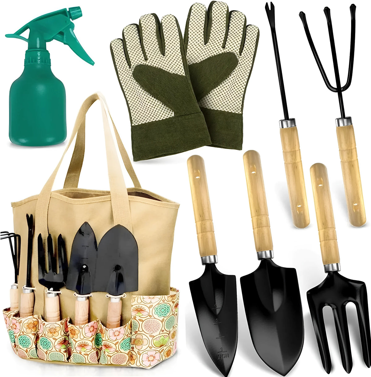 Stainless steel gardening tools set with eight implements including trowel, fork, cultivator and pruner