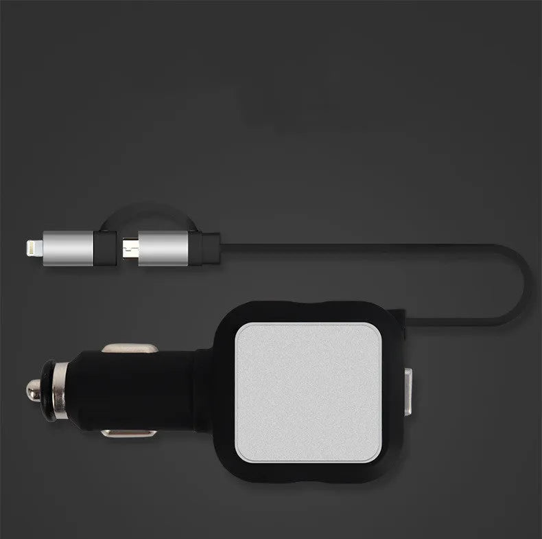 Black and gold dual USB car charger with retractable cable shown plugged into vehicle power outlet