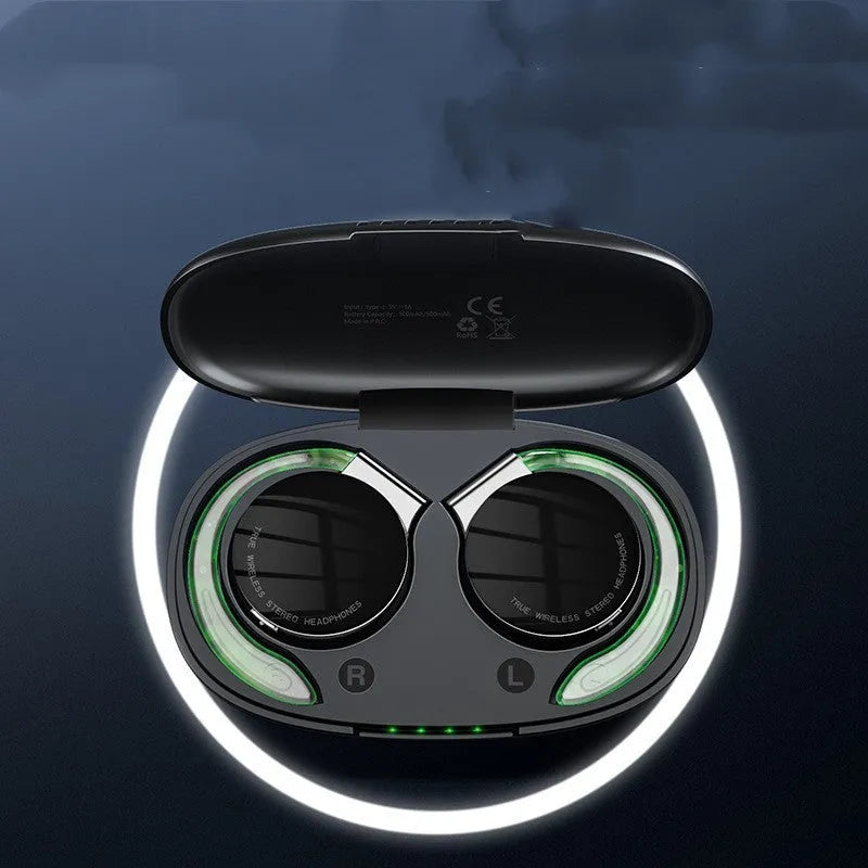 Black and white wireless Bluetooth 5.2 sports earphones with in-ear design showing NFC touchpoint.