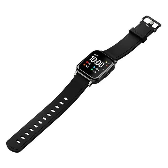 Black waterproof smart bracelet with 1.4-inch screen showing heart rate data on silicone strap.