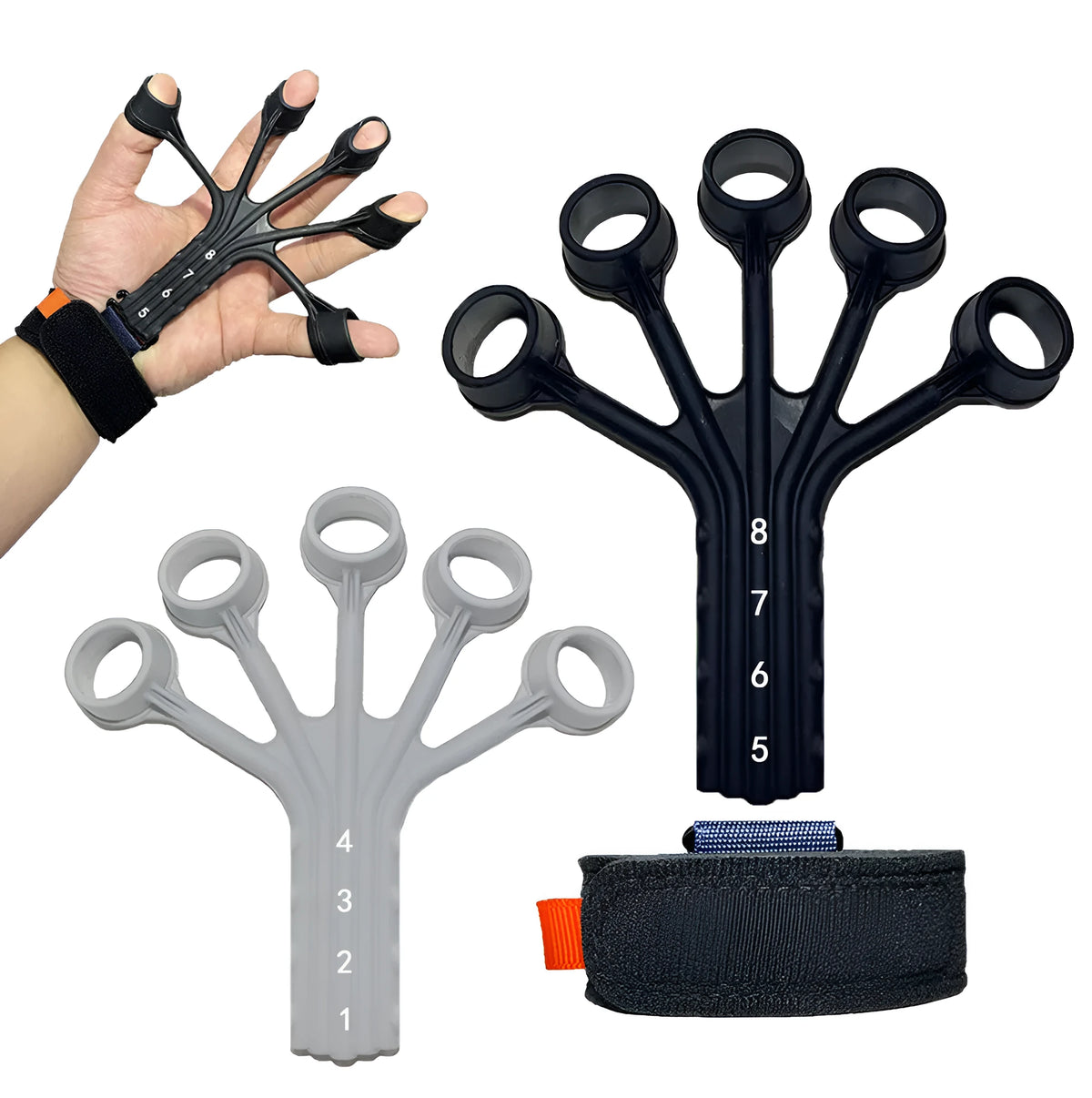 Silicone finger flexion and extension rehabilitation trainer with adjusting belt in black or grey.