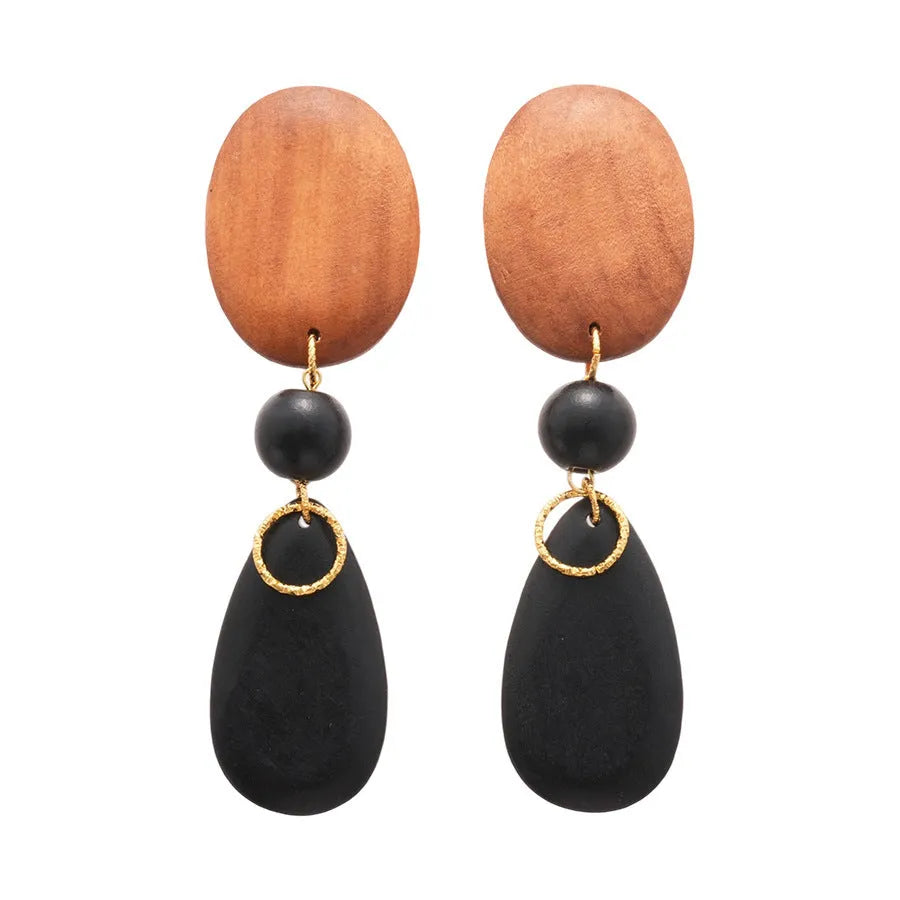 Handmade wooden retro earrings with elliptical shape in silver needle-brown-black colour combination