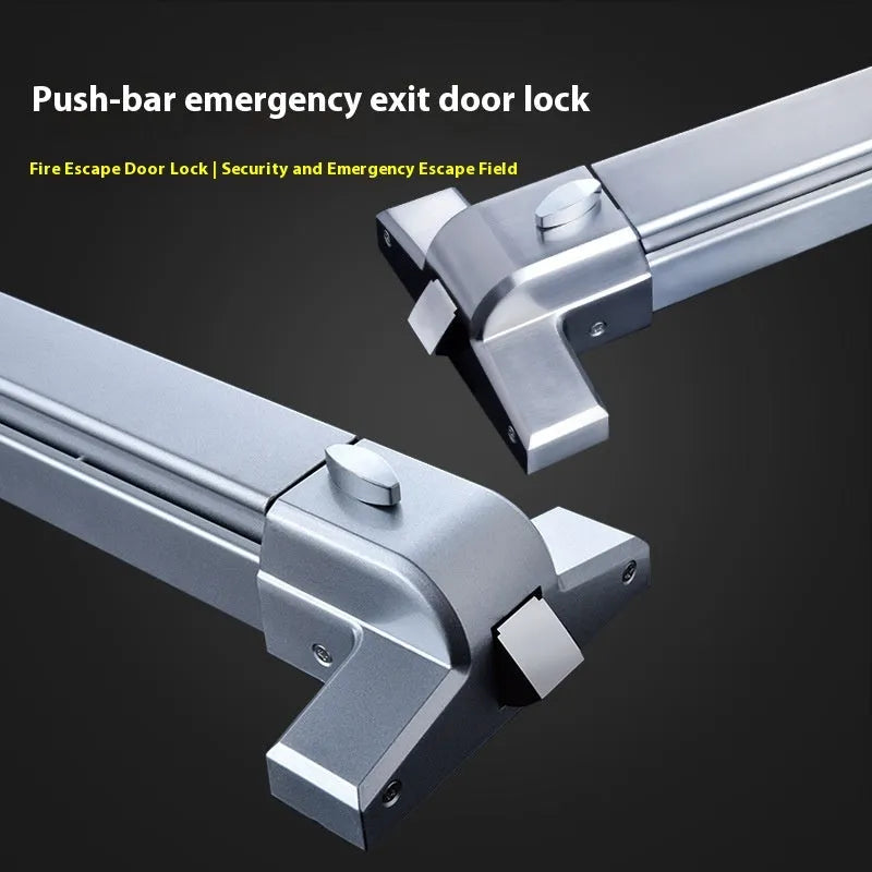 Stainless steel fire door push lock with an external handle on a 65cm wide door.