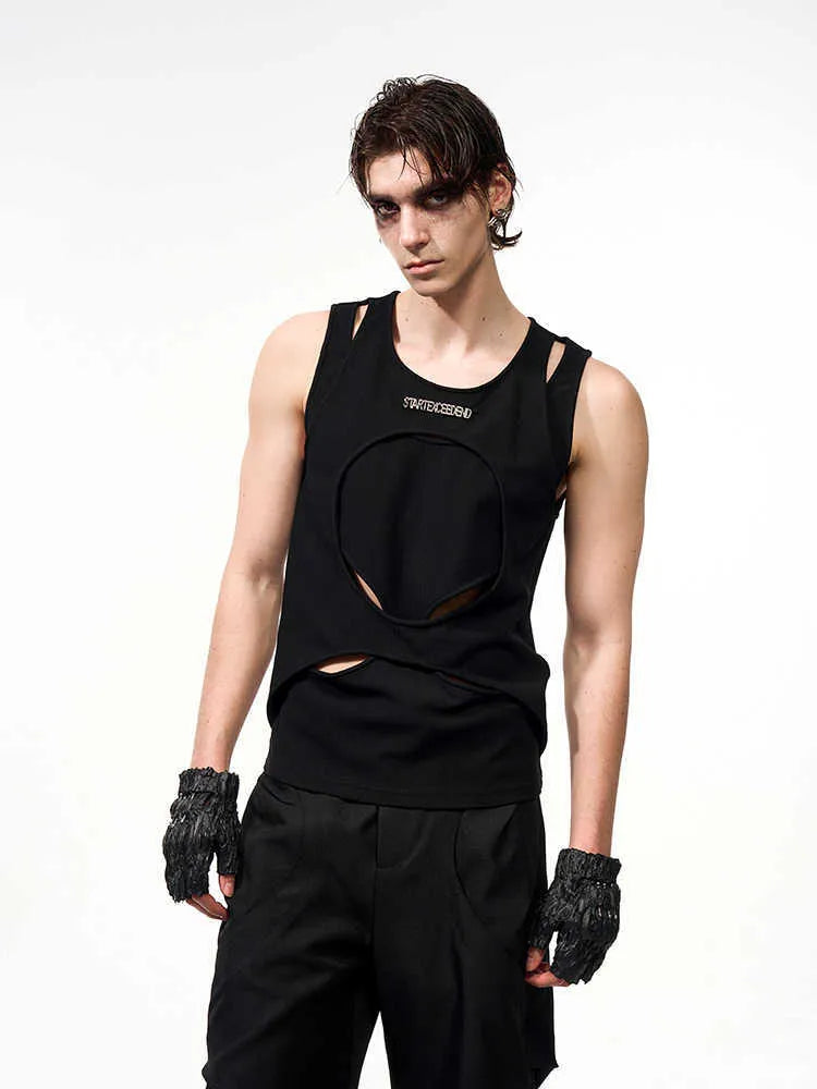 Men's black sleeveless vest with hollow white thread detailing showing loose fit and round neck design