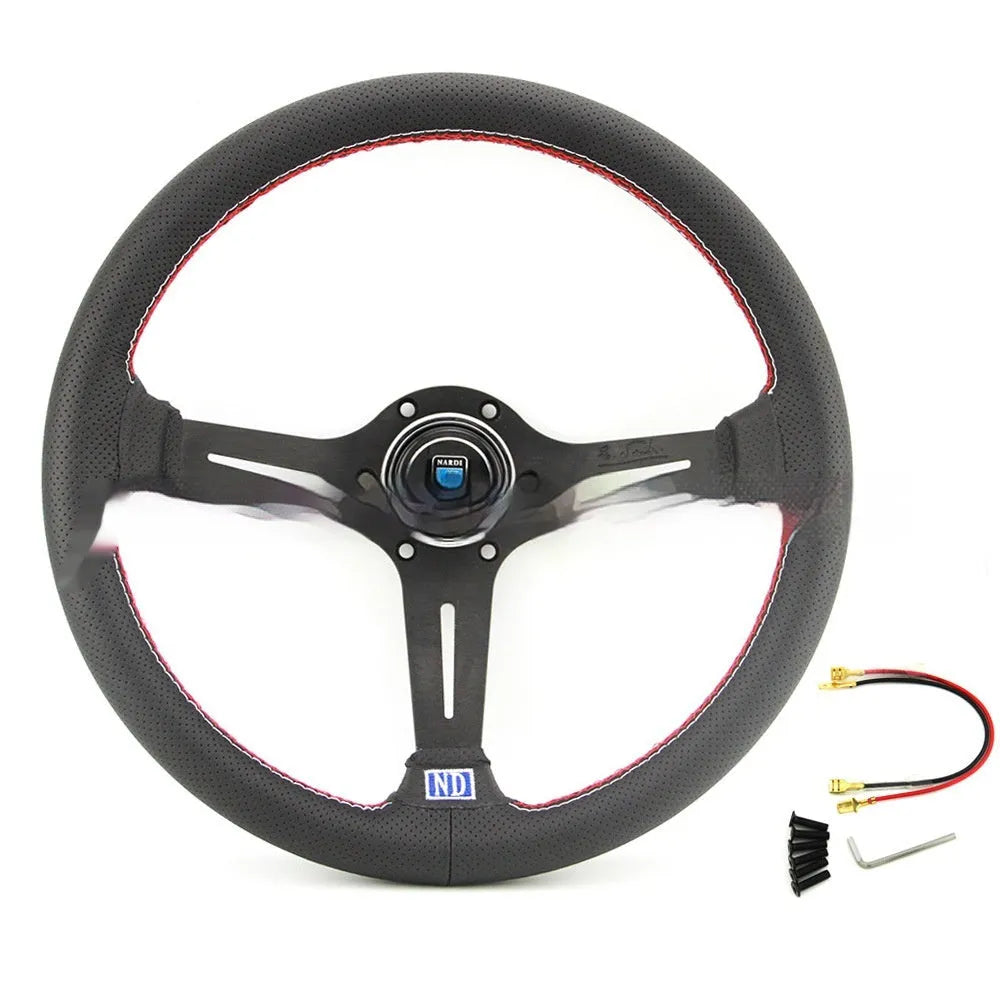 Leather 14-inch steering wheel with a concave centre, shown with black and silver skeleton frame options.
