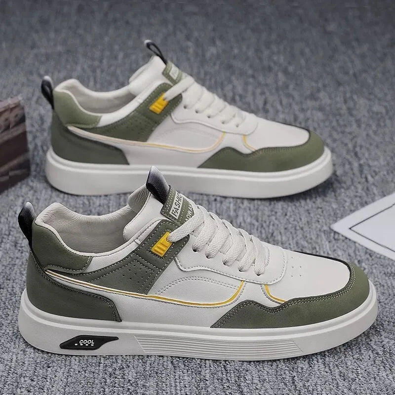 Men's Korean-style low-top canvas board shoes in black, beige, or gray with mesh lining and leather stitching.