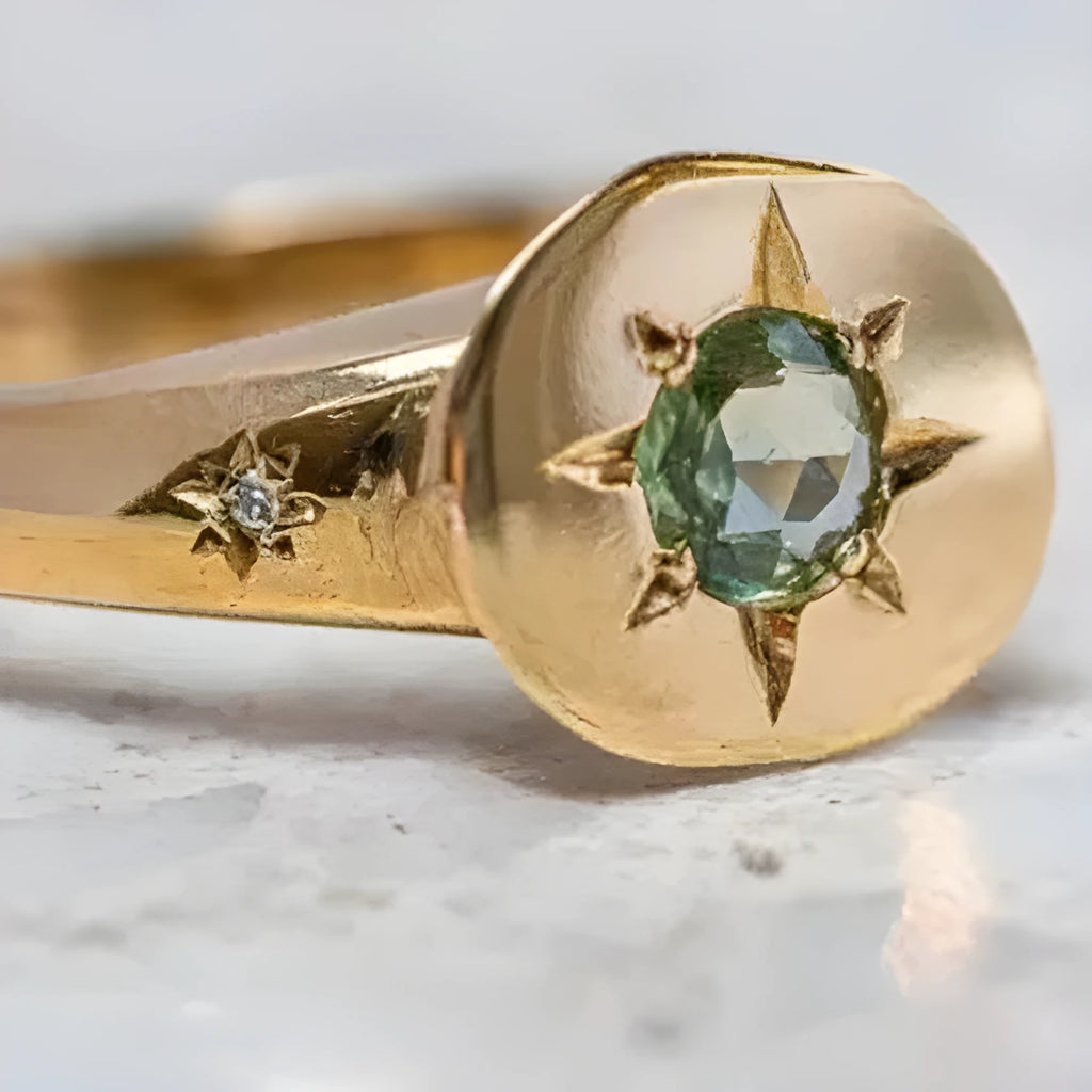 Gold zinc alloy ring with oval asterism zircon star and adjustable opening