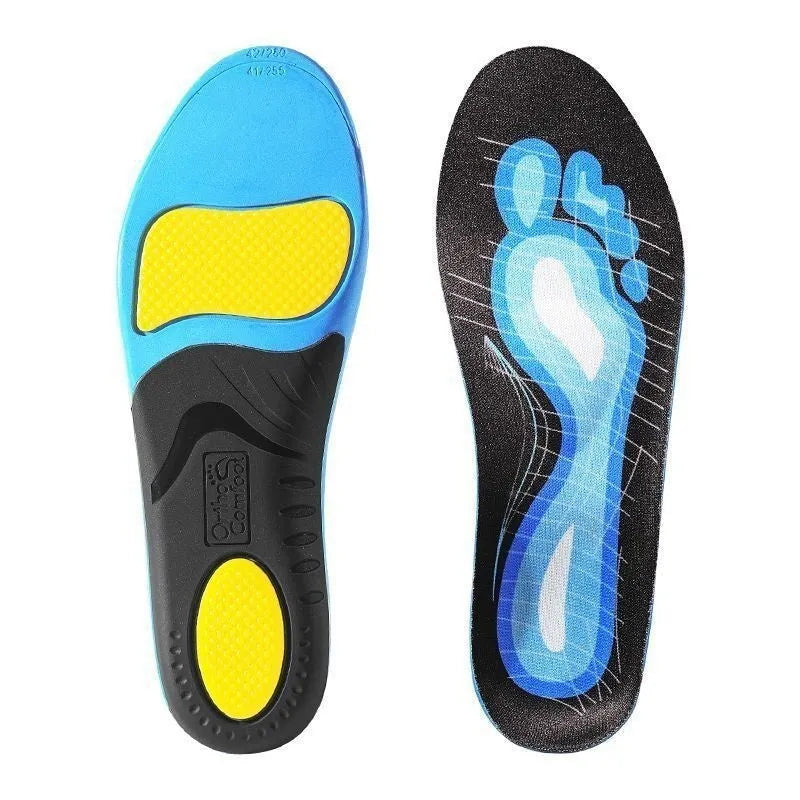 Blue and green flat foot correction instep insoles showing PU construction with unisex design