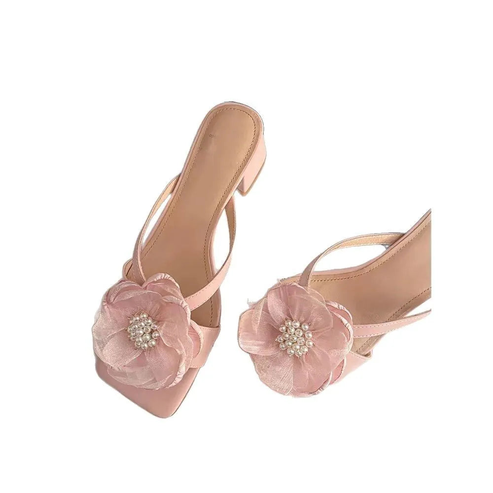 Women's cream-white satin sandals with a chunky heel, square toe, and one-line strap.