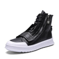 Men's black and white PU leather ankle boots with microfiber upper in high-top sneaker style.
