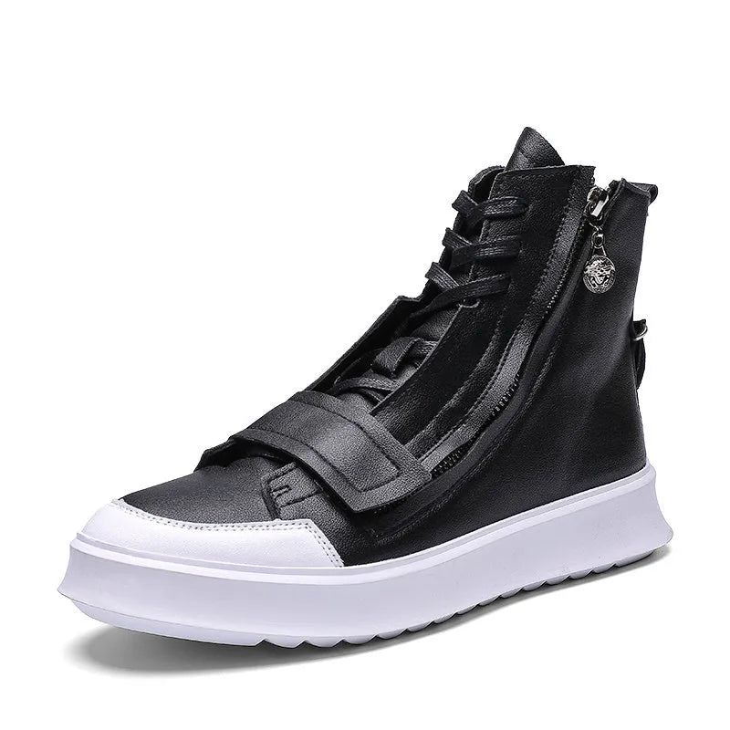 Men's black and white PU leather ankle boots with microfiber upper in high-top sneaker style.