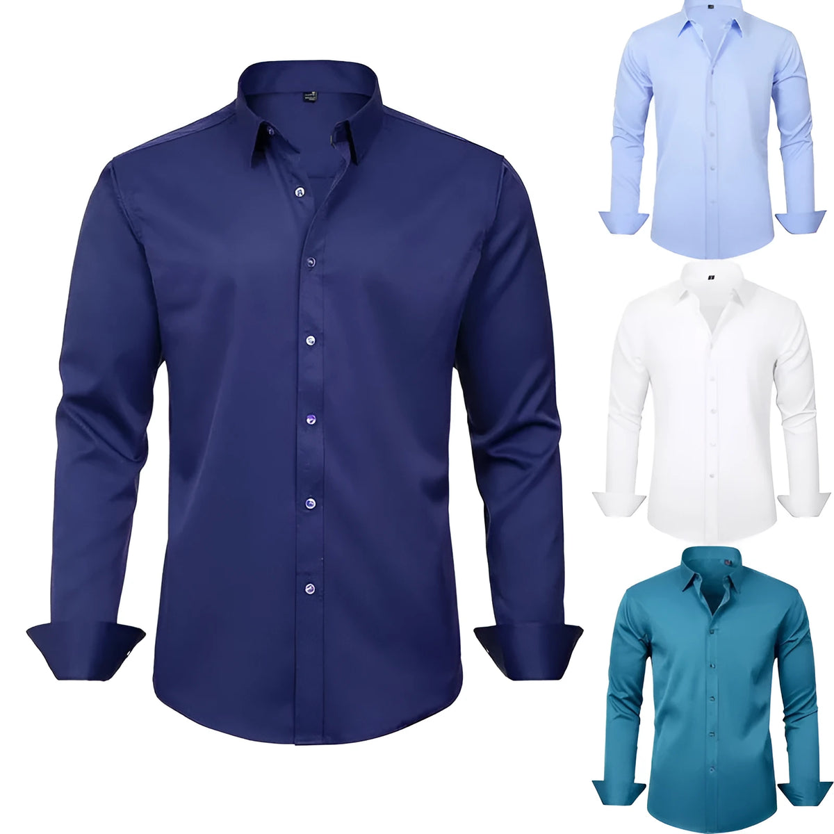 Men's slim-fit long-sleeve solid colour business casual shirt in four-way stretch polyester, shown in available colours and sizes 38/XXXS to 48/XXXXXL