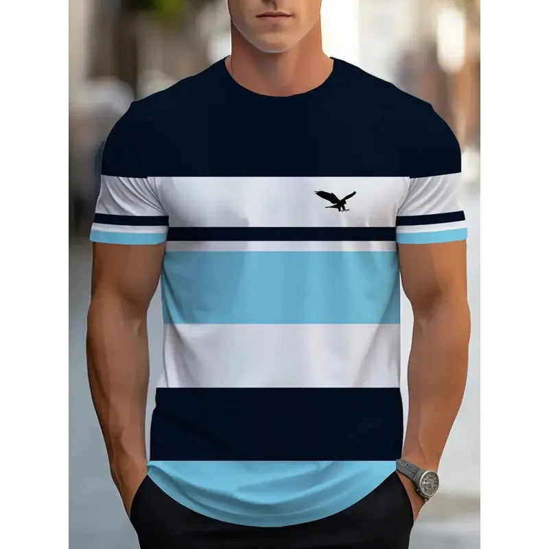 Men's loose fit casual t-shirt with 3D printed striped pattern on polyester fabric.