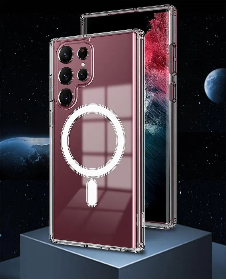 Transparent MagSafe magnetic phone case for Samsung Galaxy S21 S22 S23 series showing wireless charging compatibility