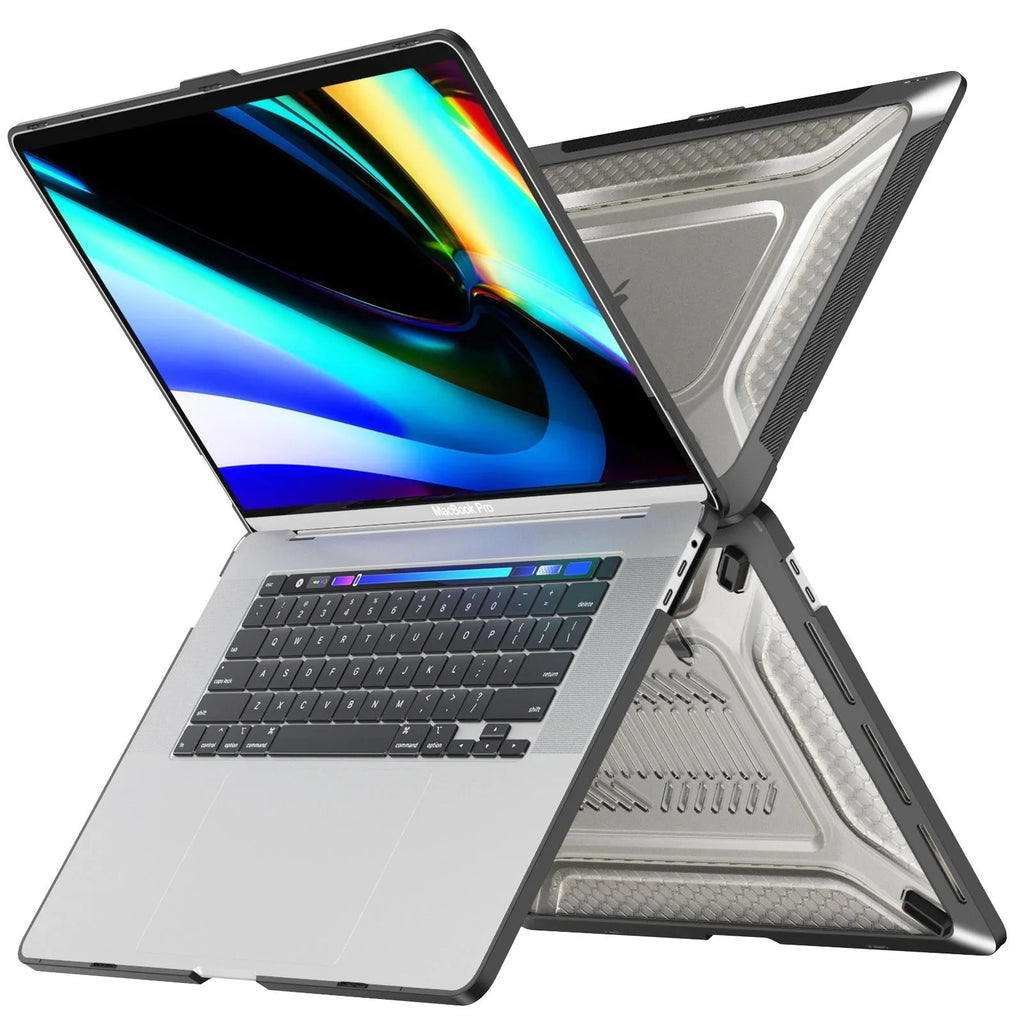 MacBook protective shell in cool black, starry sky grey, elegant apricot, and sapphire blue colours for Air and Pro models.