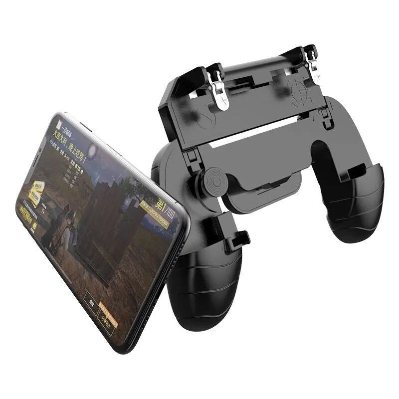 Adjustable mobile game controller handle showing telescopic arm extended with smartphone inserted