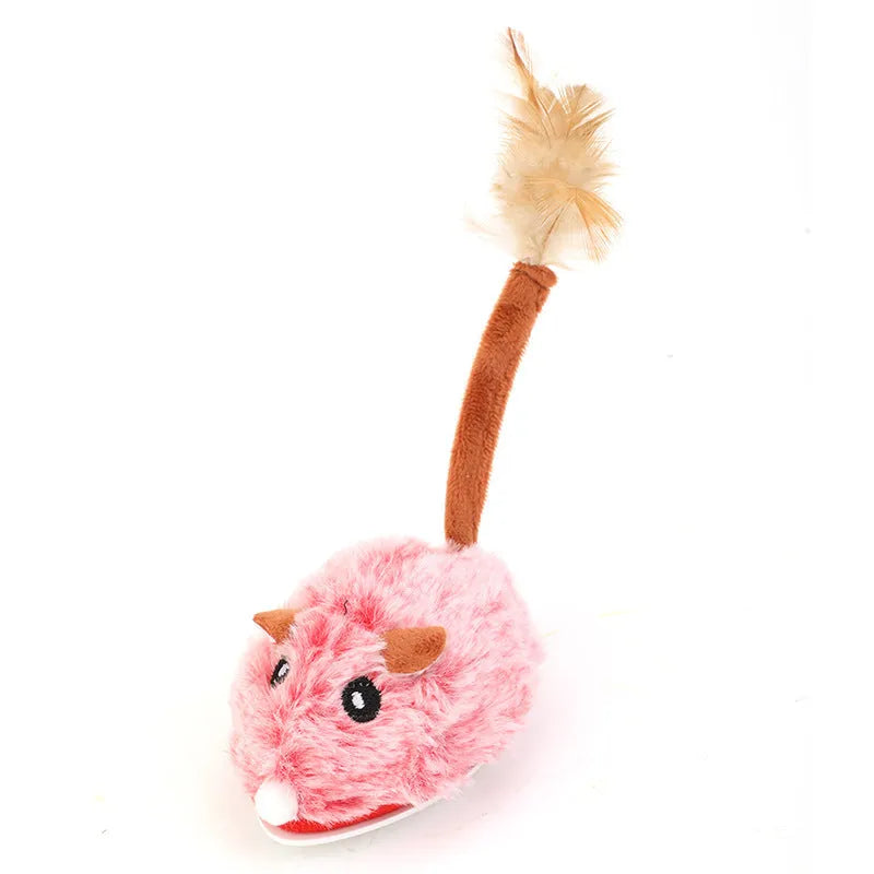 Electric cat toy with rotating plush mouse on telescopic pole showing pink, purple and dark grey colour options
