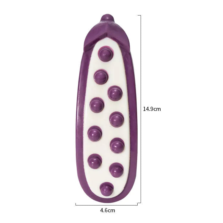 Purple and green durable rubber dog chew toys in large and small sizes for aggressive chewers